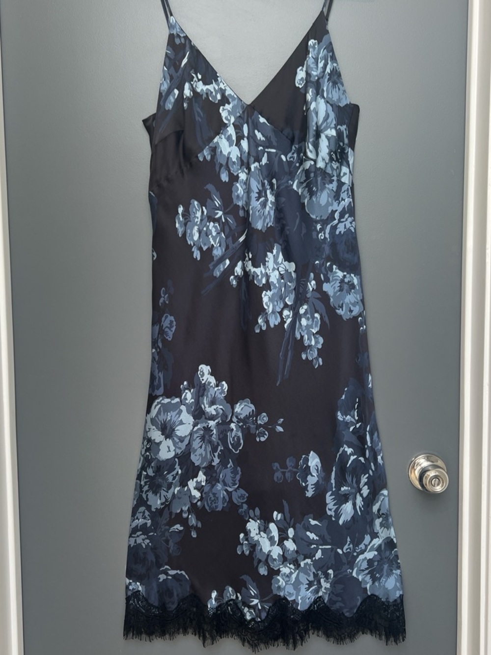 Blue Floral Slip Midi Dress with Lace Hem